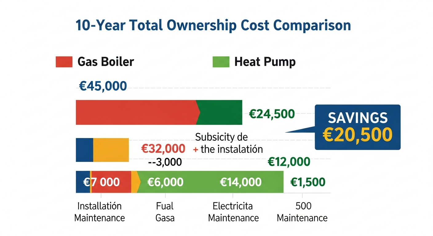 10-year total cost comparison chart: gas boiler €45,000 vs heat pump €27,500, savings ~€17,500