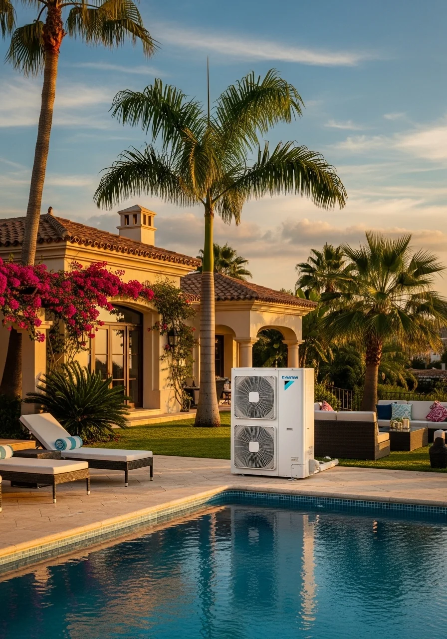Modern Daikin heat pump system replacing old oil boiler at Costa del Sol property
