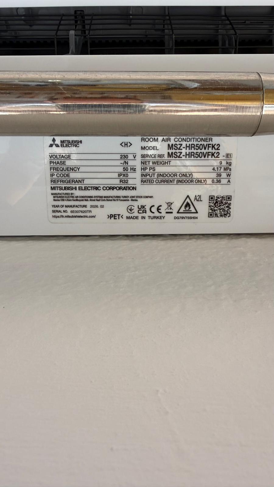 Mitsubishi Electric MSZ-HR50VFK2 indoor unit manufacturer's data plate — specs including 5.0 kW and R32