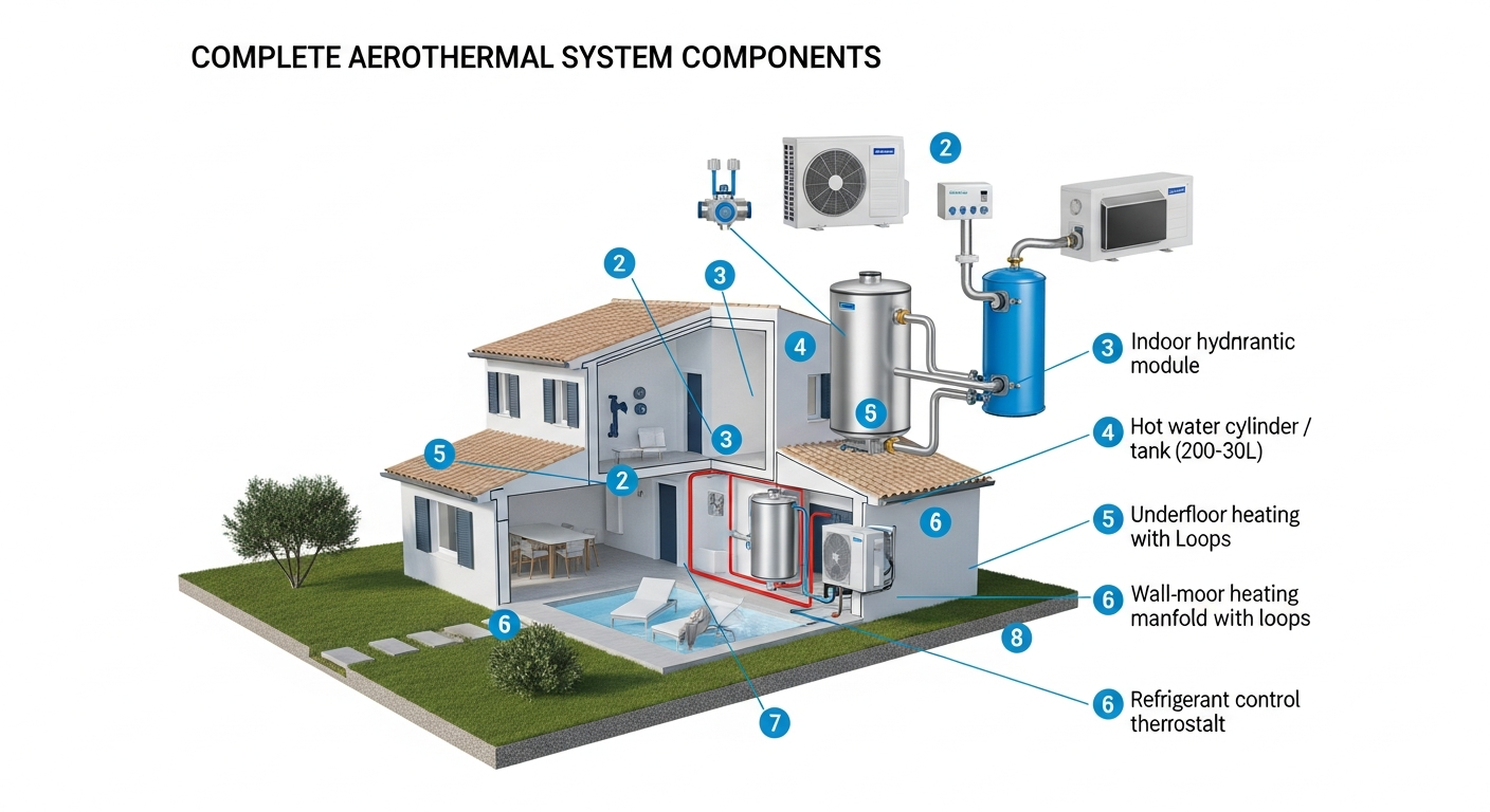 Complete aerothermal system components diagram: outdoor unit, indoor hydraulic module, hot water tank 200-300L, underfloor heating manifold, control thermostat, refrigerant piping