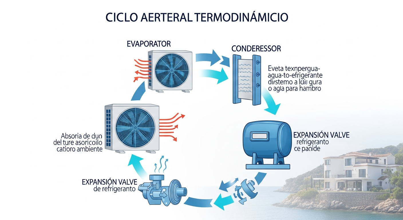 Aerothermal heat pump thermodynamic cycle diagram: evaporator absorbs heat from air, compressor increases temperature, condenser transfers heat indoors, expansion valve recycles refrigerant