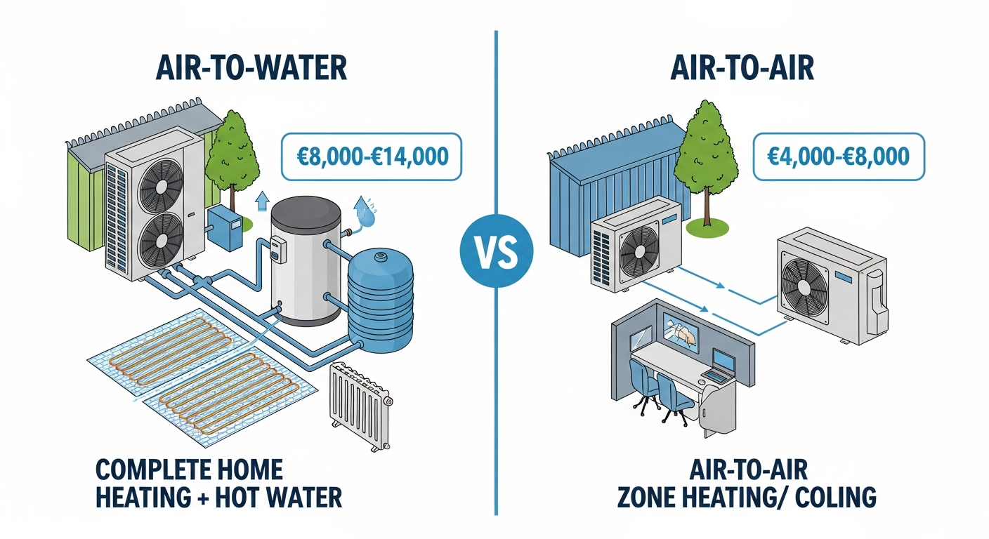 Aerothermal systems comparison: air-to-water with hot water, underfloor heating, radiators €8,000-€14,000 vs air-to-air with wall splits €4,000-€8,000