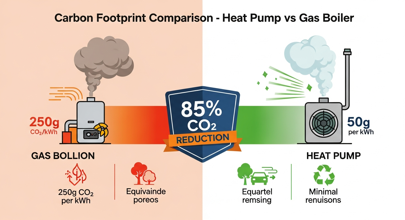CO2 emissions comparison: gas boiler 250g CO2/kWh vs heat pump 50g CO2/kWh - 85% carbon emissions reduction
