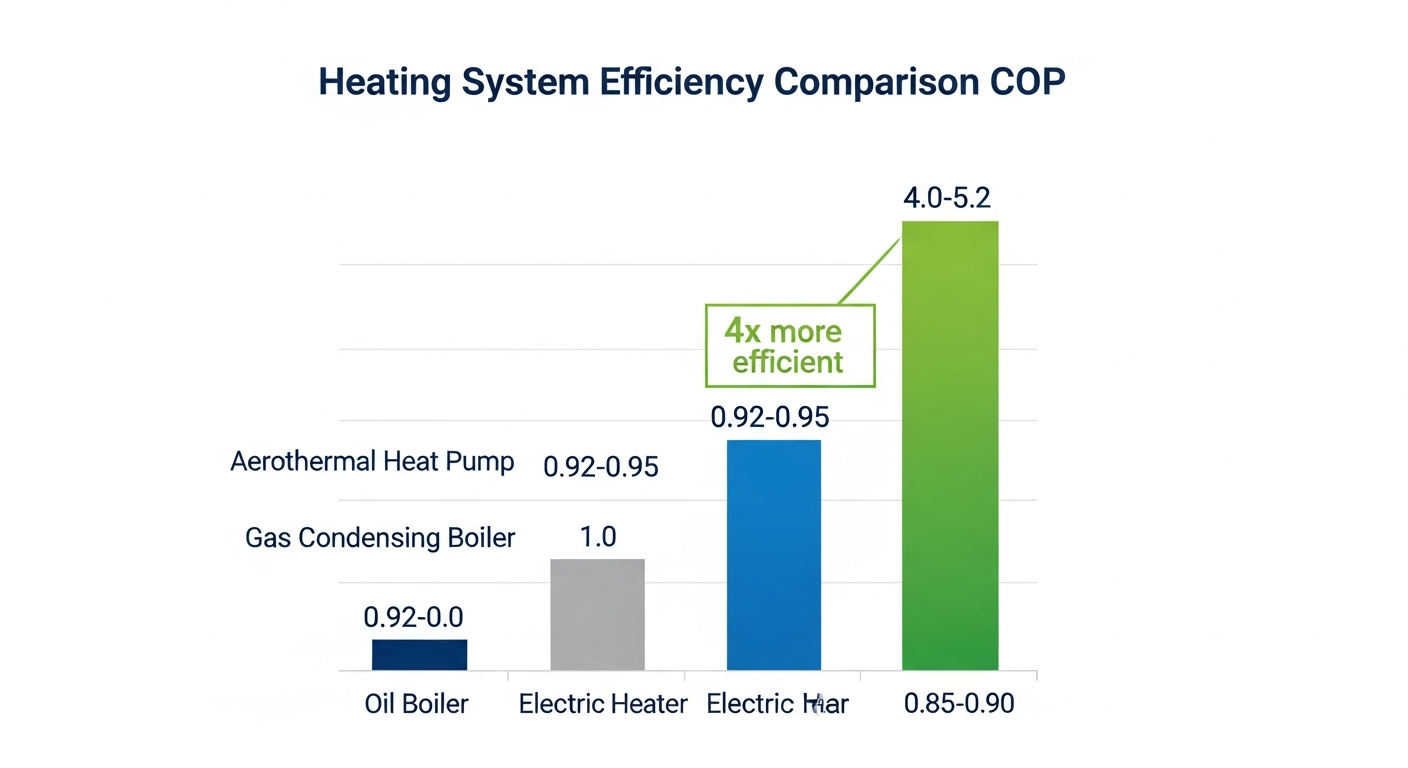 COP efficiency comparison chart heating systems: aerothermal heat pump 4.0-5.2, gas condensing boiler 0.92-0.95, electric heater 1.0, oil boiler 0.85-0.90
