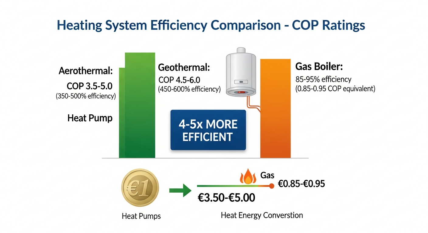 COP efficiency comparison chart: heat pump COP 3.5-5.0 (350-500% efficiency) vs gas boiler 85-95% efficiency