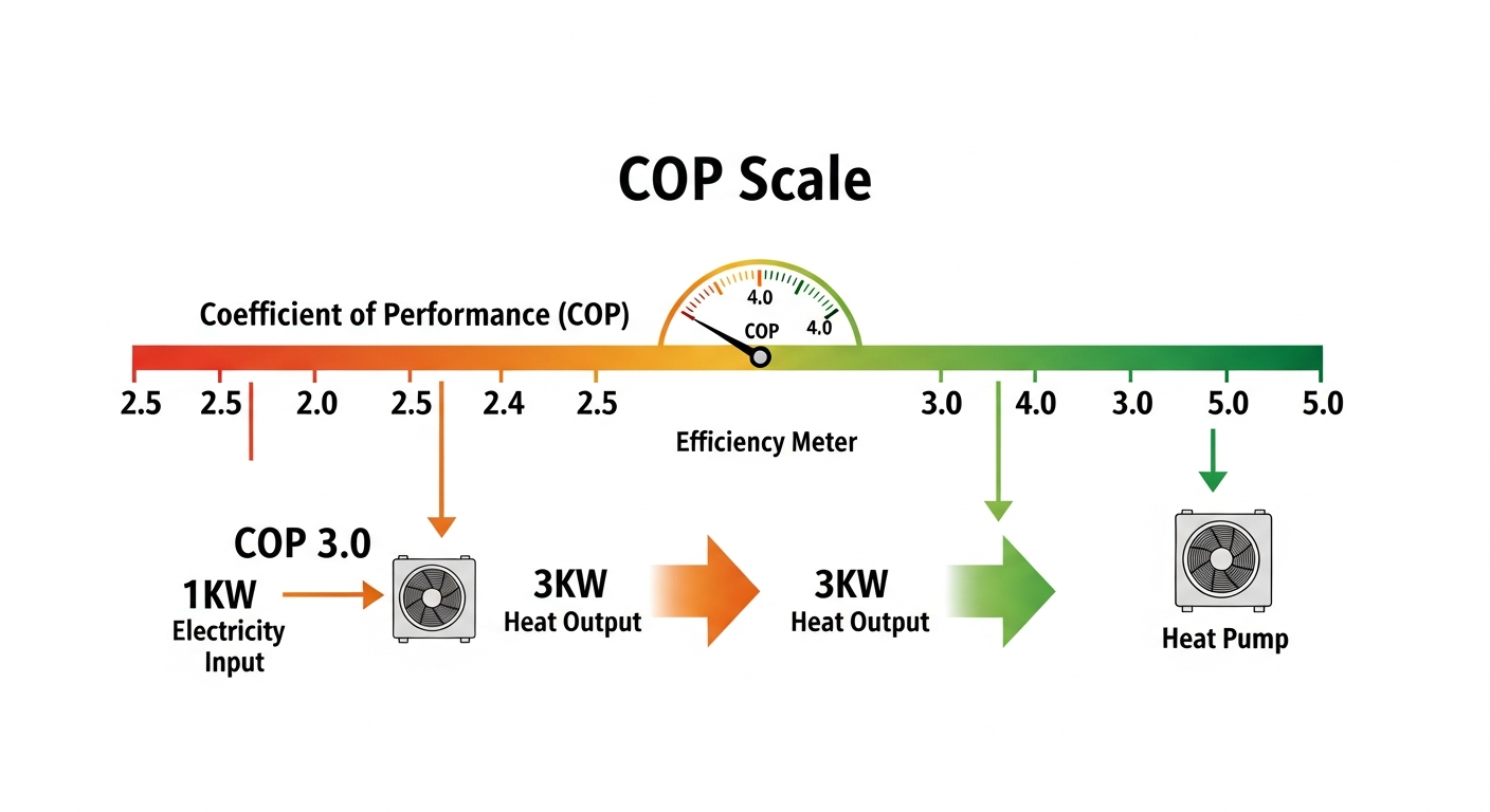 Heat pump COP efficiency diagram explaining how COP 3.0-5.0 rating affects electricity costs