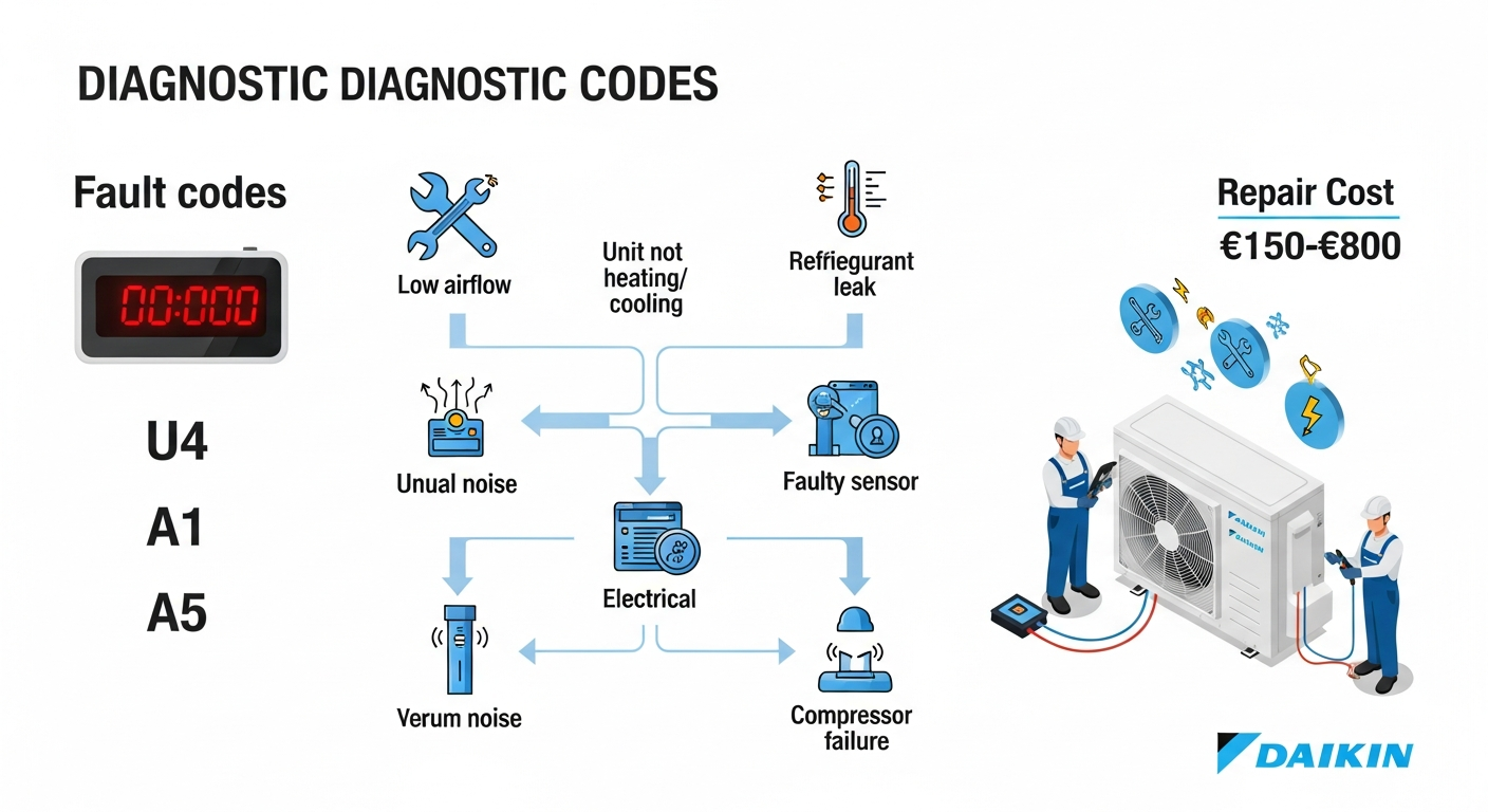 Daikin error codes diagnostic flowchart: U4, A1, A3, A5 decision tree with symptoms, causes, and repair costs €150-€800