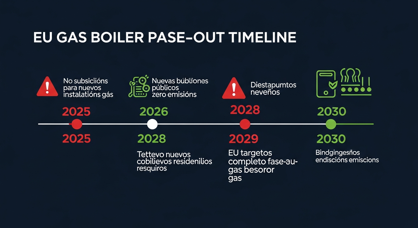 EU gas boiler ban timeline: 2025 no subsidies, 2026 public buildings zero emissions, 2028 new homes zero emissions, 2029 complete new installation ban