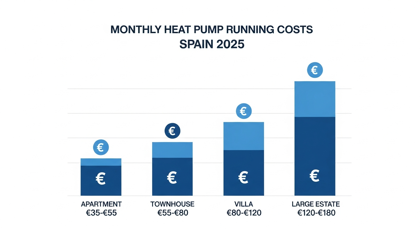 Heat pump monthly running costs chart Spain 2026 showing €35-€120 range by home size