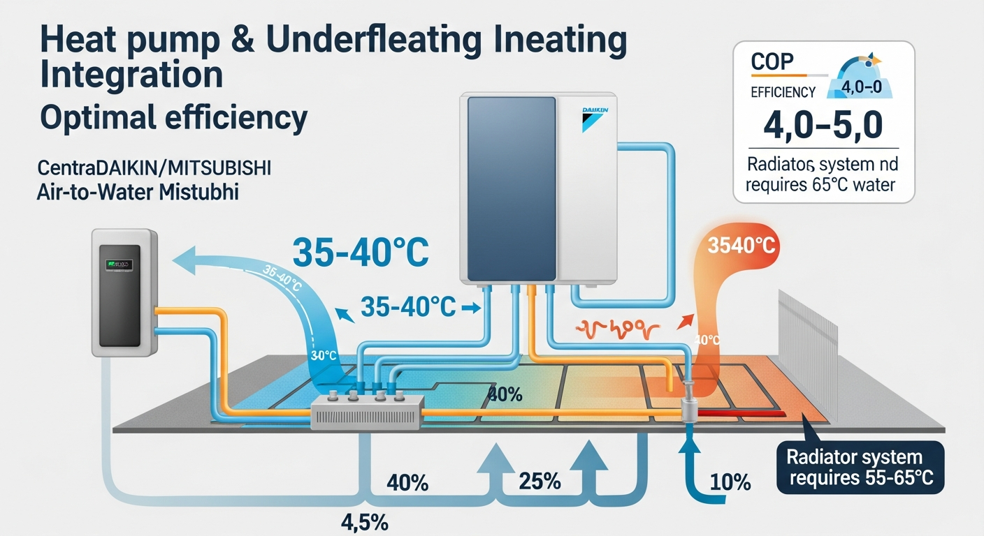 Heat pump underfloor heating integration diagram: heat pump connected to manifold, 35-40°C water flow, COP 4.0-5.0 indicator vs radiators 55-65°C
