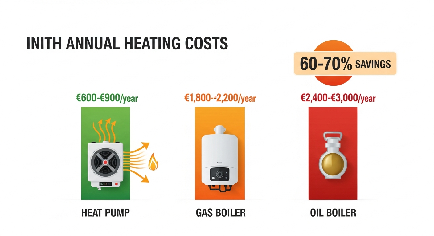 Annual heating costs comparison: heat pump €600-€900 vs gas boiler €1,800-€2,200 vs oil €2,400-€3,000
