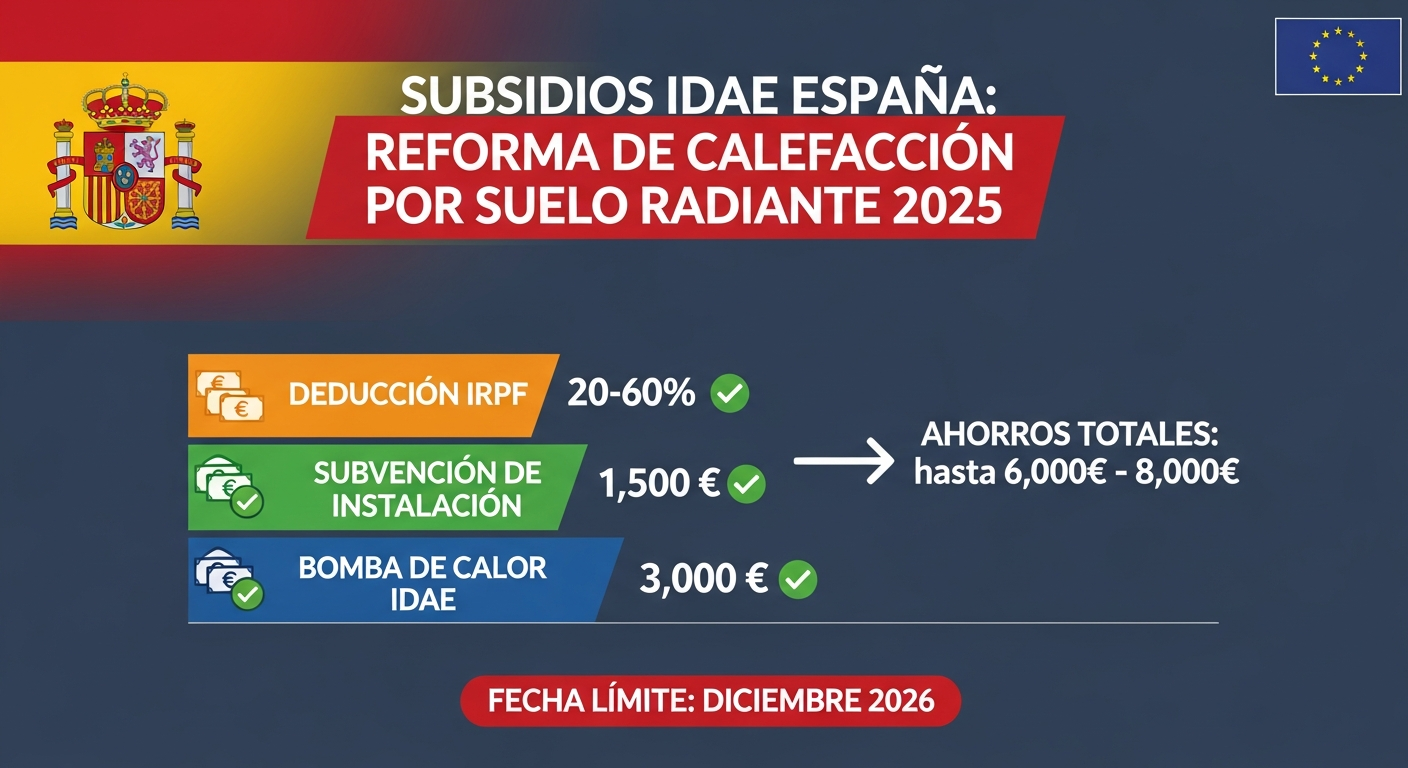 IDAE 2025 underfloor heating subsidies: €3,000 IDAE heat pump + €1,500 installation + 20-60% IRPF = total savings up to €6,000-€8,000, deadline December 2026