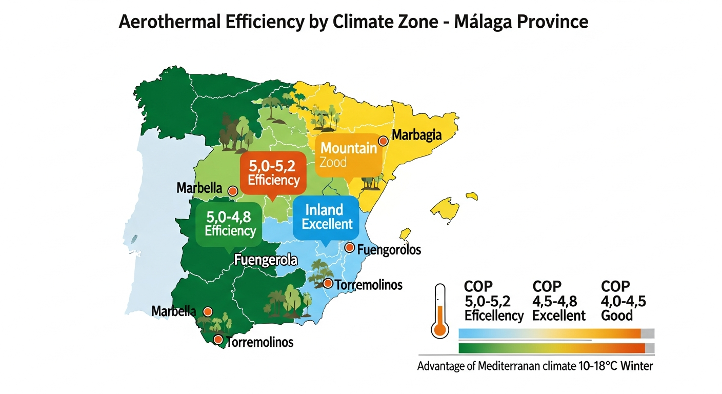 COP efficiency by climate zone map Málaga: coastal zones Marbella, Fuengirola COP 5.0-5.2 peak efficiency, inland zones COP 4.5-4.8 excellent, mountain COP 4.0-4.5 good
