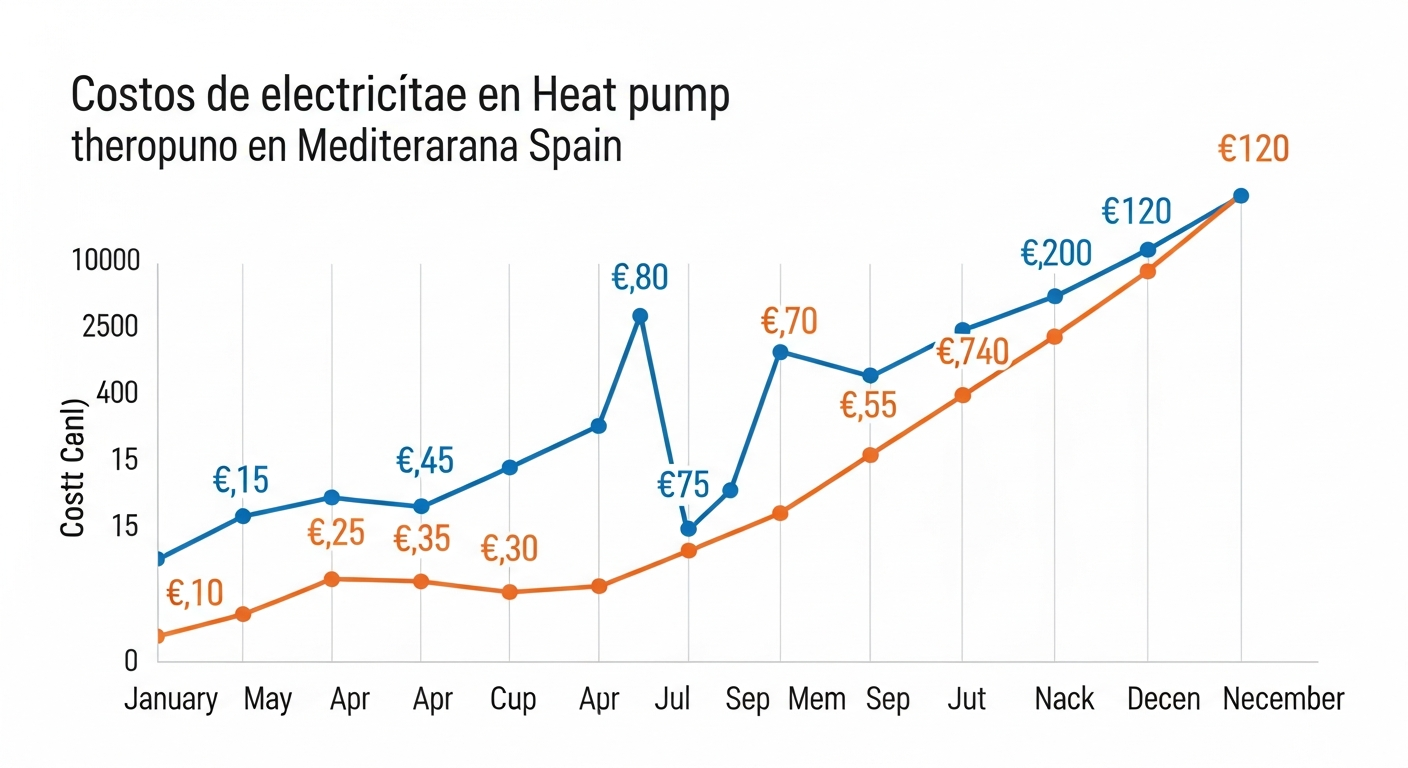 Seasonal heat pump cost variation chart: €15-€25 summer, €80-€120 winter in Mediterranean Spain climate