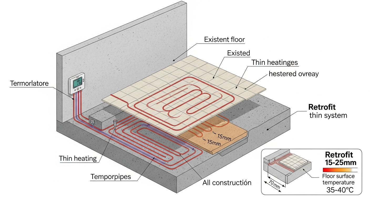 Underfloor heating retrofit cross-section: wet system with 65mm screed vs dry system 18mm over existing floor