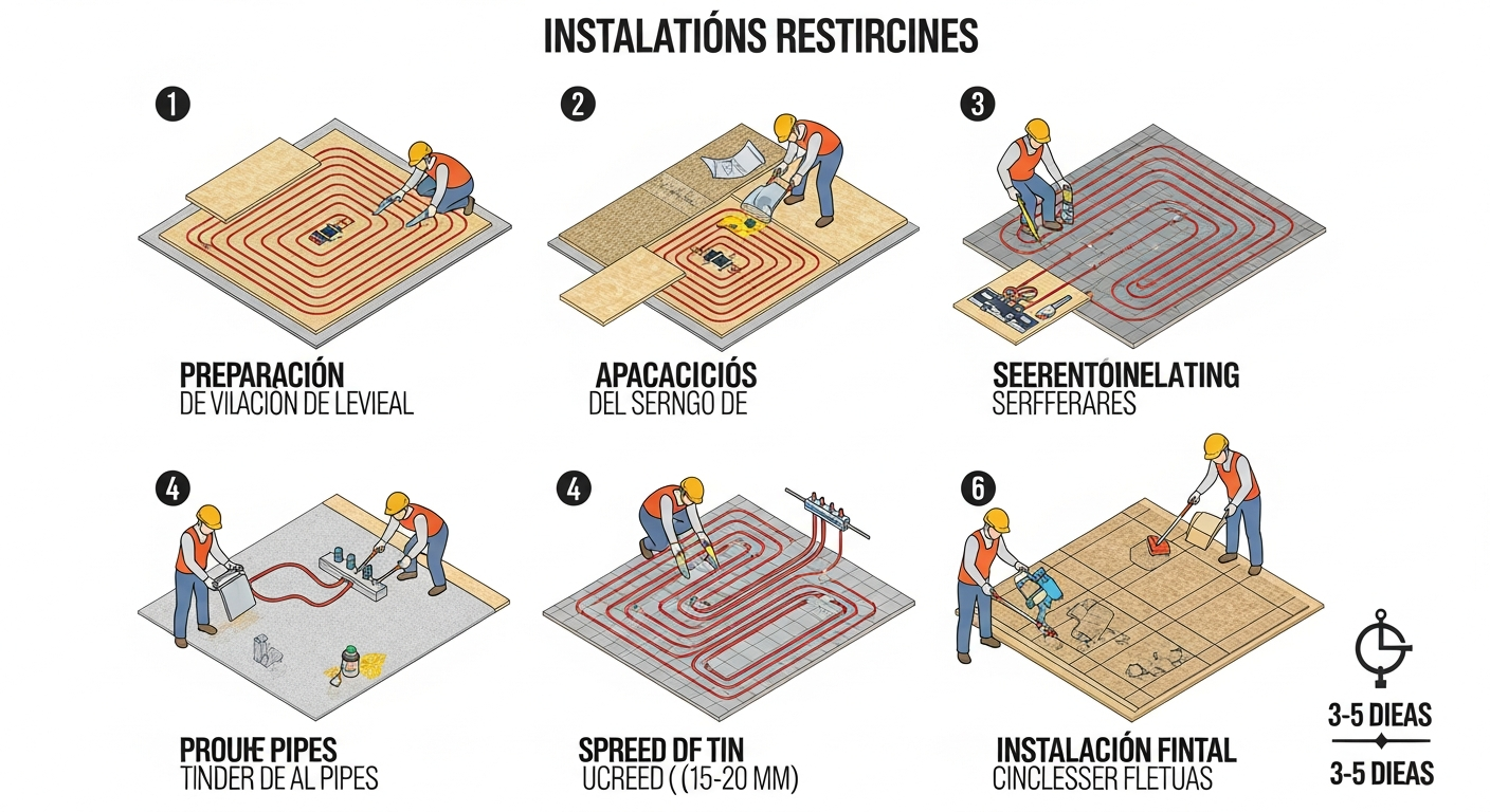 Underfloor heating retrofit installation process: 6 steps from floor preparation, insulation, pipe layout, manifold connection, thin screed pour to floor finishing - 3-5 day timeline