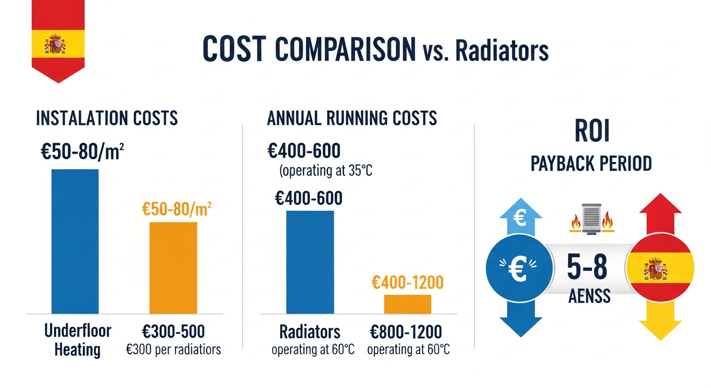 Cost comparison underfloor heating vs radiators: installation €50-80/m² UFH vs €300-500 per radiator, annual running €400-600 vs €800-1200